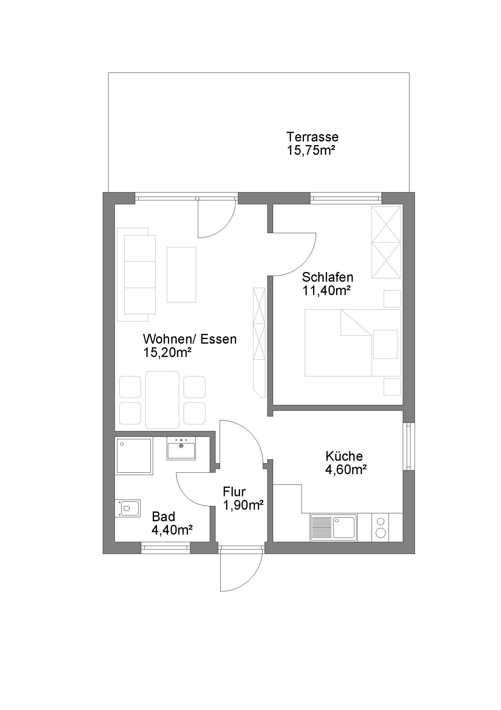 Grundriss eines Apartments mit Wohnzimmer, Schlafzimmer, Küche, Flur und Bad