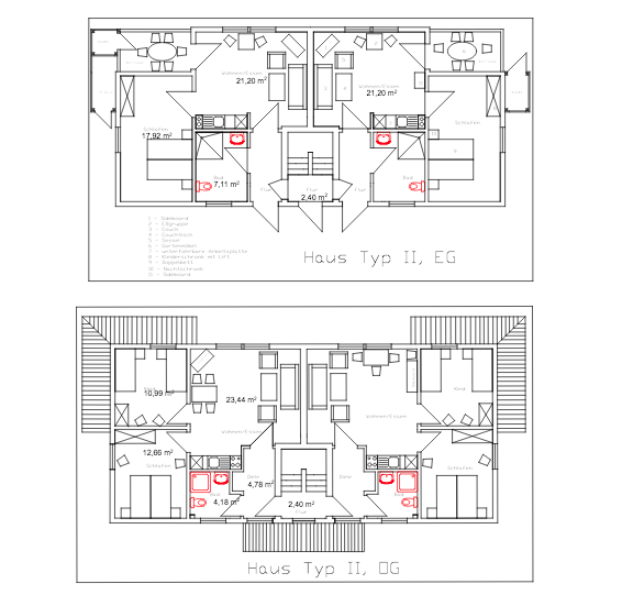 Grundriss Doppelhaus, Erdgeschoss und 1. Obergeschoss