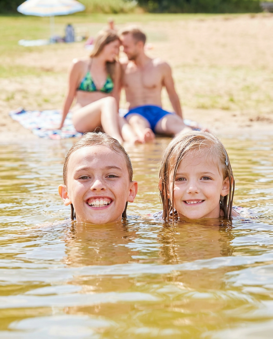 Im Vordergrund schwimmen zwei Kinder im See, im Hintergrund sitzen die beiden Eltern am Strand