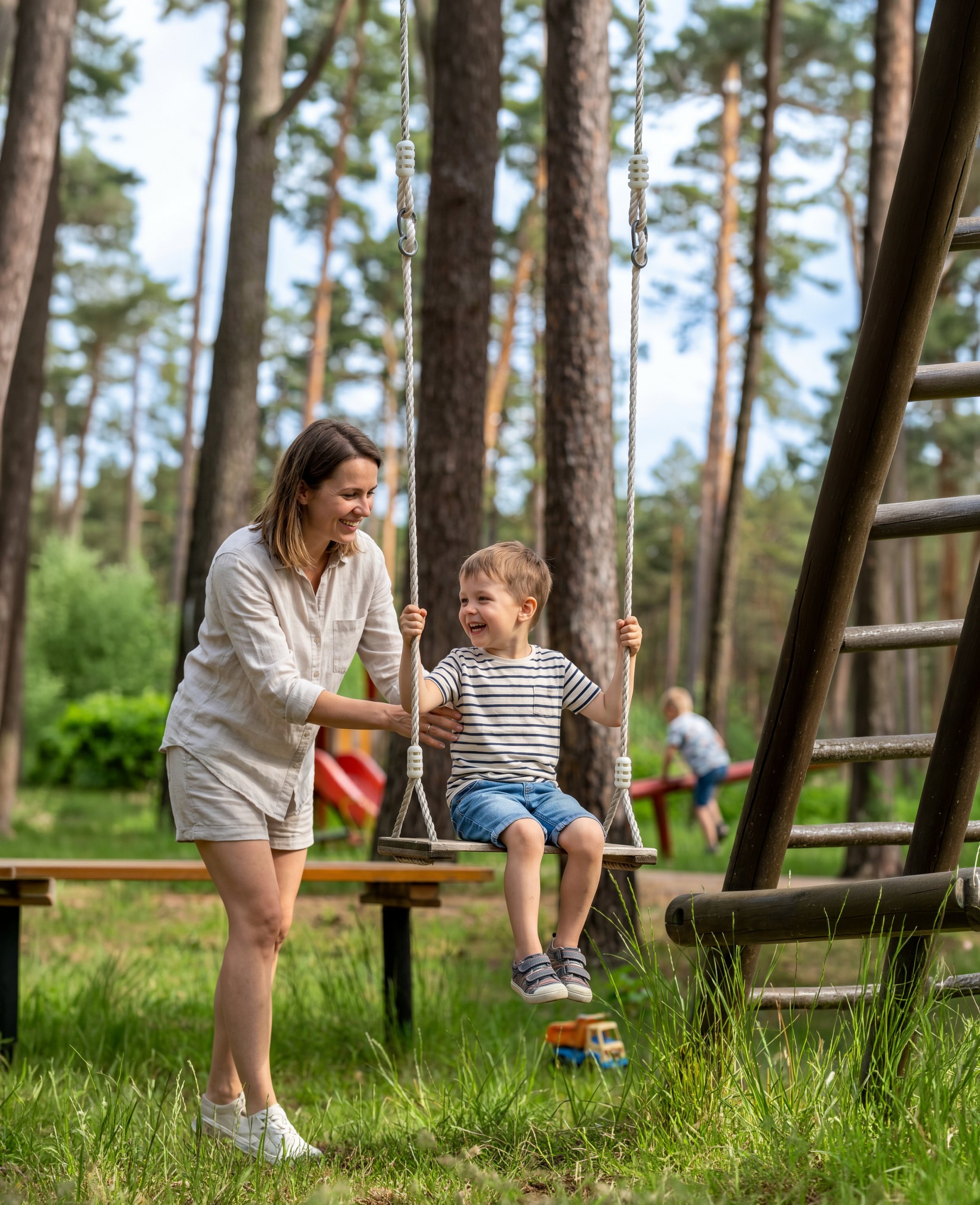 Ein Kind sitzt auf einer Schaukel im Wald und wird von seiner Mutter angeschubst